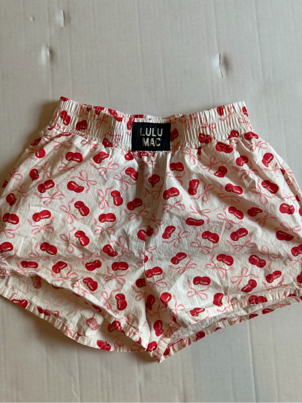 lulu Mac White Athletic Shorts with Red Cherry Print